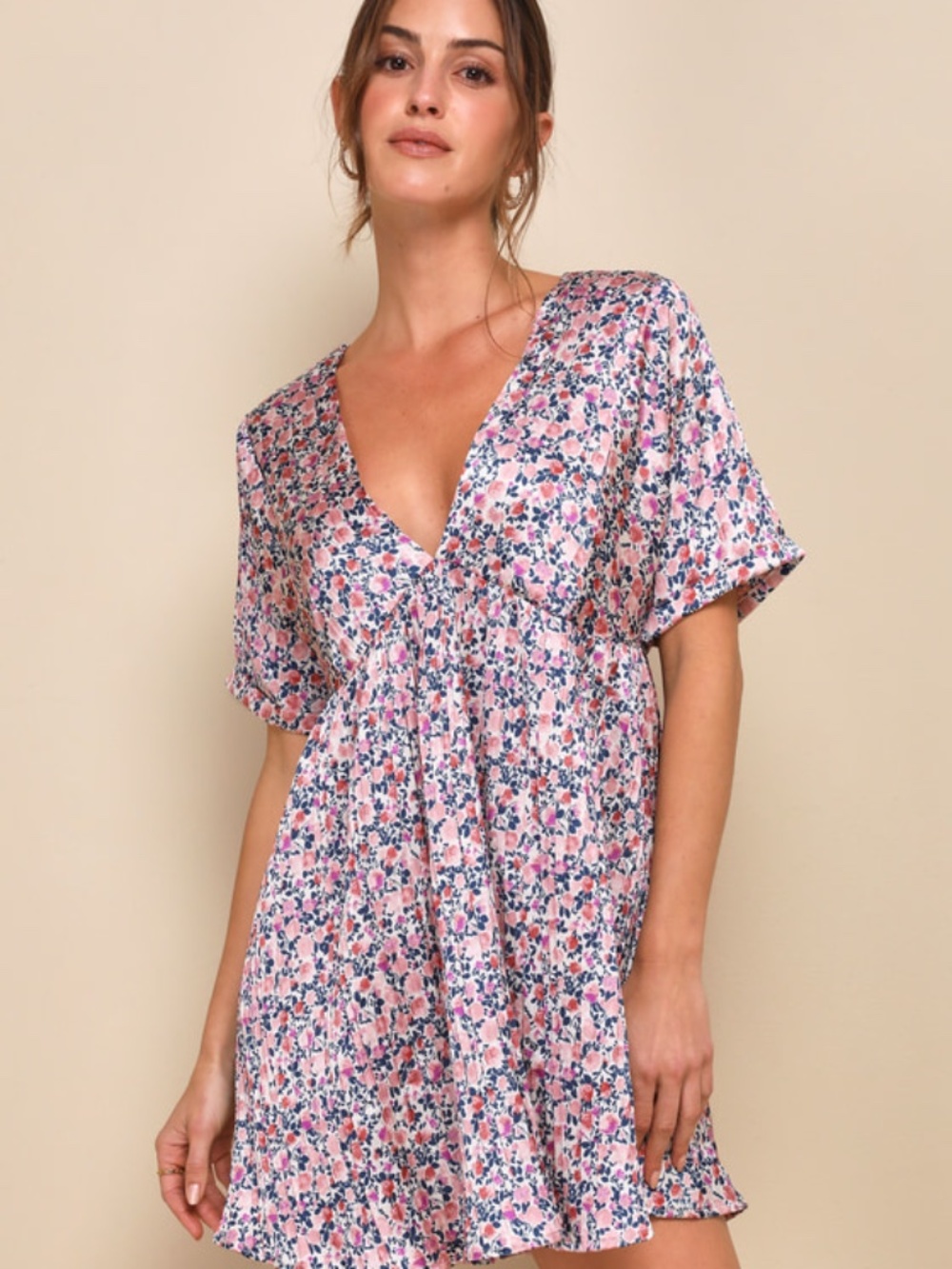 Lulus Express Yourself Blush Pink Floral Print Satin Babydoll Dress - Size XXS